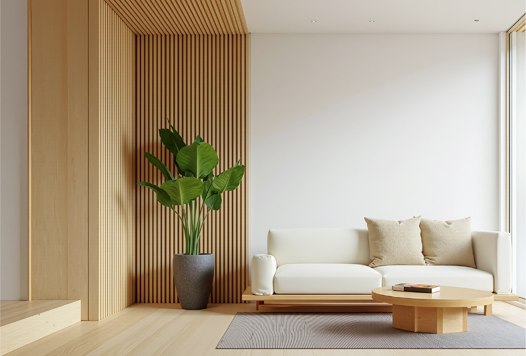 鉢植えとソファとちゃぶ台のある小部屋